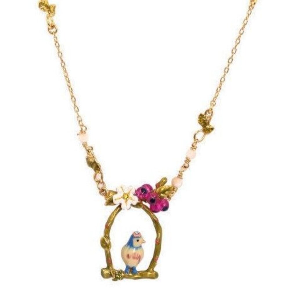 Les Nereides Tit With Flower On Branch Blue Stone Necklace